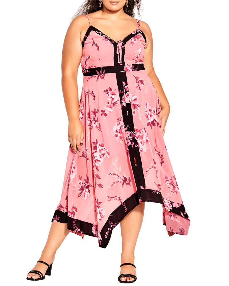 Front of a model wearing a size XS Maria Pretty Roses Dress in Pink / Black by City Chic. | dia_product_style_image_id:215351